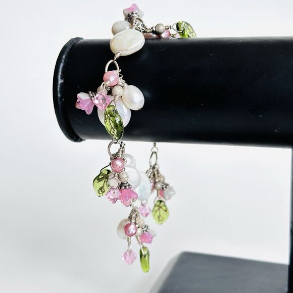 Coin Rice Pearl Dangling ChaCha Pink White Beaded Charm Bracelet Fairy Garden - Picture 2 of 11